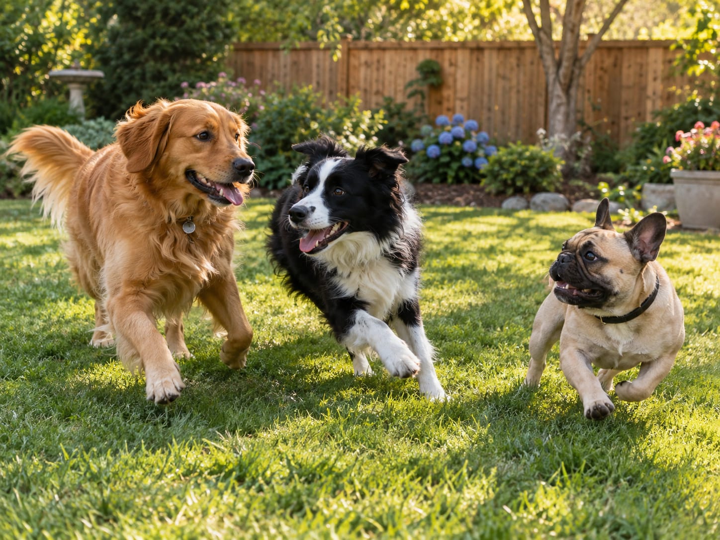 Three dogs playing together in a fenced backyard